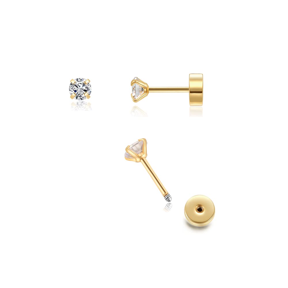 Renkovte Flat Back Screw Back CZ Stud Earrings, Small Cubic Zirconia Stud Earrin