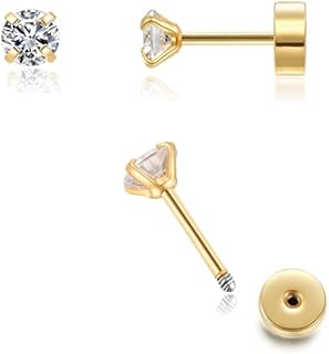 Renkovte Flat Back Screw Back CZ Stud Earrings, Small Cubic Zirconia Stud Earrings for Helix Cartilage Tragus Earlobe Piercing for Women (2mm 3mm 4mm Gold Color)