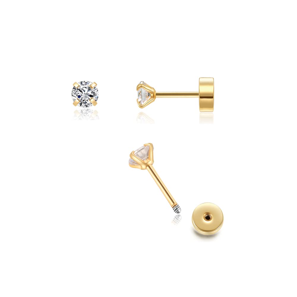Renkovte Flat Back Screw Back CZ Stud Earrings, Small Cubic Zirconia Stud Earrin