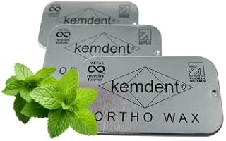 Kemdent Orthodontic Wax 3 Pack 15 Precut Strips for Braces & Aligners, Ortho Wax, Metal Recyclable Cases, Pain Relief from Braces Wires and Brackets, Patient Wax (Mint)