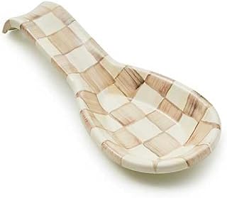 MACKENZIE-CHILDS Enamel Spoon Rest, Brown-and-White Mocha Check | Hand-painted design, made from enameled steel, utensil rest and spoon holder for stovetop and kitchen counter use, 8.5" L