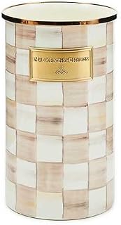 MACKENZIE-CHILDS Enamel Utensil Holder, Brown-and-White Mocha Check | Hand-painted design, made from enameled steel, ideal for storing and organizing kitchen utensils, 5" dia. x 8.5 H"