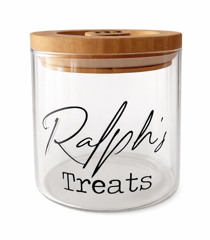 Glass Storage Jar Canister Wooden Lid Airtight Pet Dog Cat Treat | Personalised 