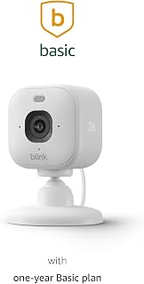 Blink Mini 2K+ (newest model) with Basic Annual Plan – Plug-in Home &amp; Pet Security Camera with 2K video resolution, smart motion detection, works with Alexa – 1 camera (White)