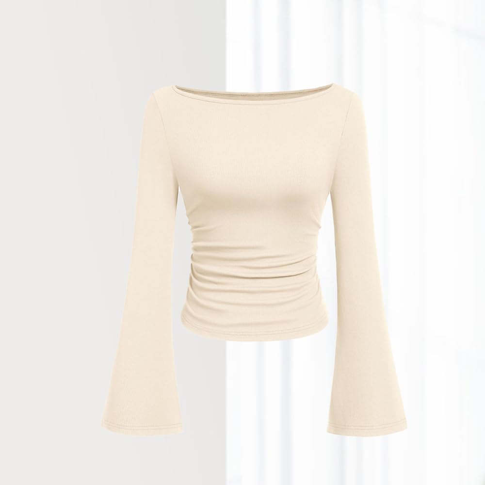 2 Pack Women Long Sleeve Crop Tops Black Beige Bell Sleeve Boat Neck Tops Y2K Ru