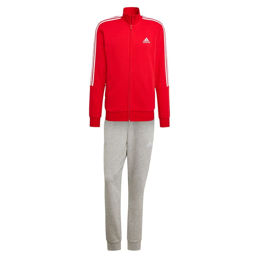 adidas M 3s Ft Tt Ts Tracksuit, Top:Scarlet/White Bottom:Medium Grey Heather/Whi