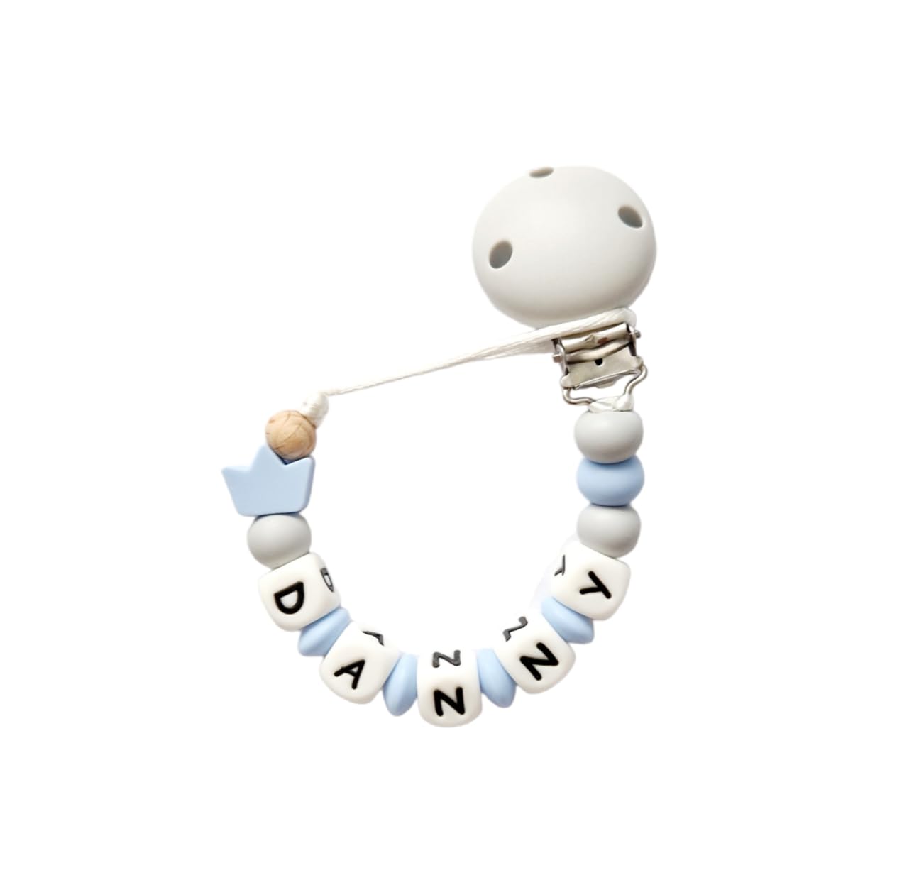 Twinkle Star Baby Personalised Crown Silicone Dummy Clip (Blue/Grey)