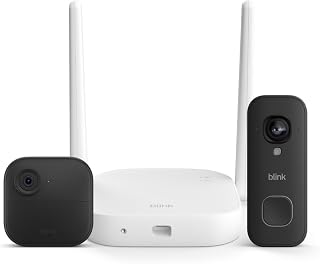 Blink Outdoor XR+ and Wired Doorbell 2K+ — Extended range wireless Outdoor 4 camera and 2K hardwired doorbell. Sync Module XR+ included — 1 camera system + doorbell
