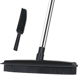 Lanhope Soft Push Broom Long Handle, Carpet Rake 50 inches For Pet Hair Removal With Squeegee Fur, Rubber Broom for Carpet Hardwood Tile Windows Clean