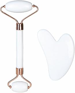 Resin Guasha & Face Roller Set, Dual Action Facial Massage Tools, Skin Relaxation, Self Care, Wellness Gift Set for Women (White)