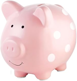 Pearhead Large Ceramic Piggy Bank for Kids, Pink Polka Dot Money Bank | Large ceramic coin bank with pink polka dots, removable stopper and soft feet—an adorable nursery keepsake for kids
