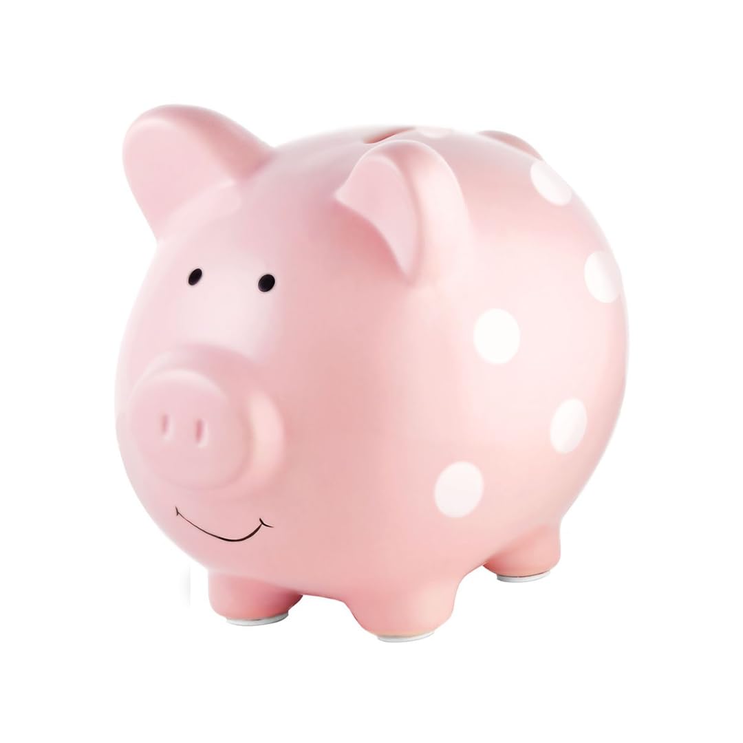 Pearhead Large Ceramic Piggy Bank for Kids, Pink Polka Dot Money Bank | Large ce