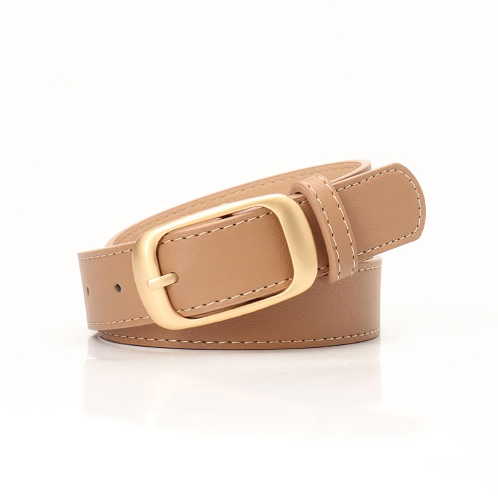 Women Leather Belt Skinny Stretch Jeans Dress with Gold Buckle Elastic Thin Wais