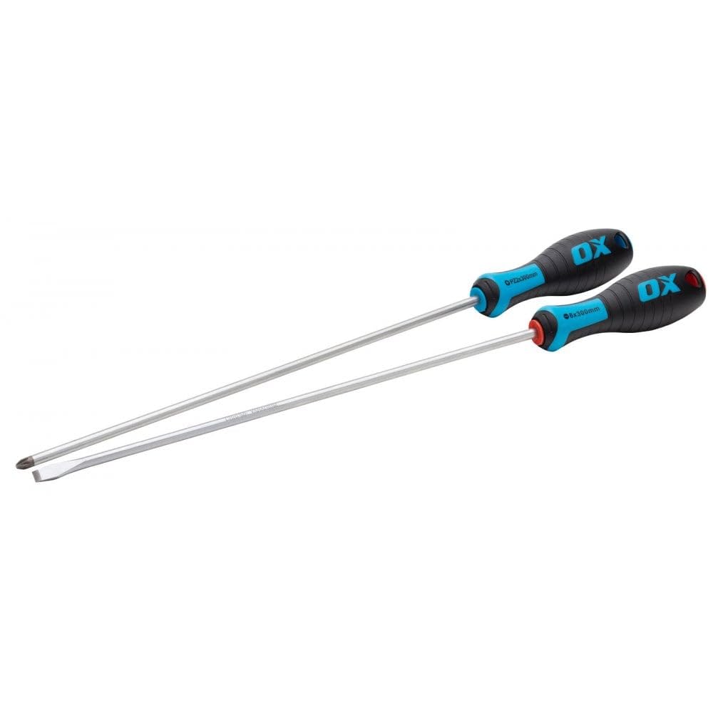 OX Pro 2pc Long Screwdriver Set - 300mm Length, PZ2 & Slotted | Reaches Deep Rec
