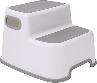 Straame Kids Double Step Stool, Non-Slip Toddler Toilet Stool, White & Grey | 100kg capacity, built-in carry handles, rubber grip steps, rounded edges and wipe-clean plastic for bathroom, sink & kitchens