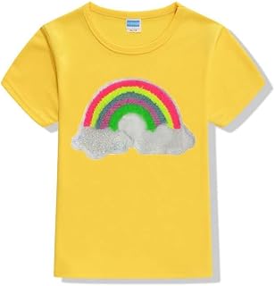 Heamsa Beautiful Rainbow Sequins Patch Girls Colourful T Shirt for Girls