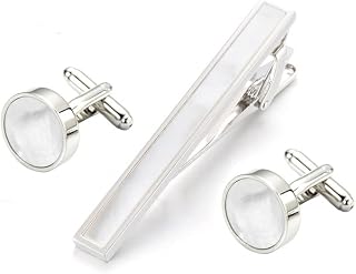 Rockyu Necktie Tie Pin Cuff Set Wedding Men's Stylish White Mother-of-Pearl Cuffs Round Shell Tie Pin Business Job Celebration Father's Day Gift European Style Cufflinks Fashion Accessories