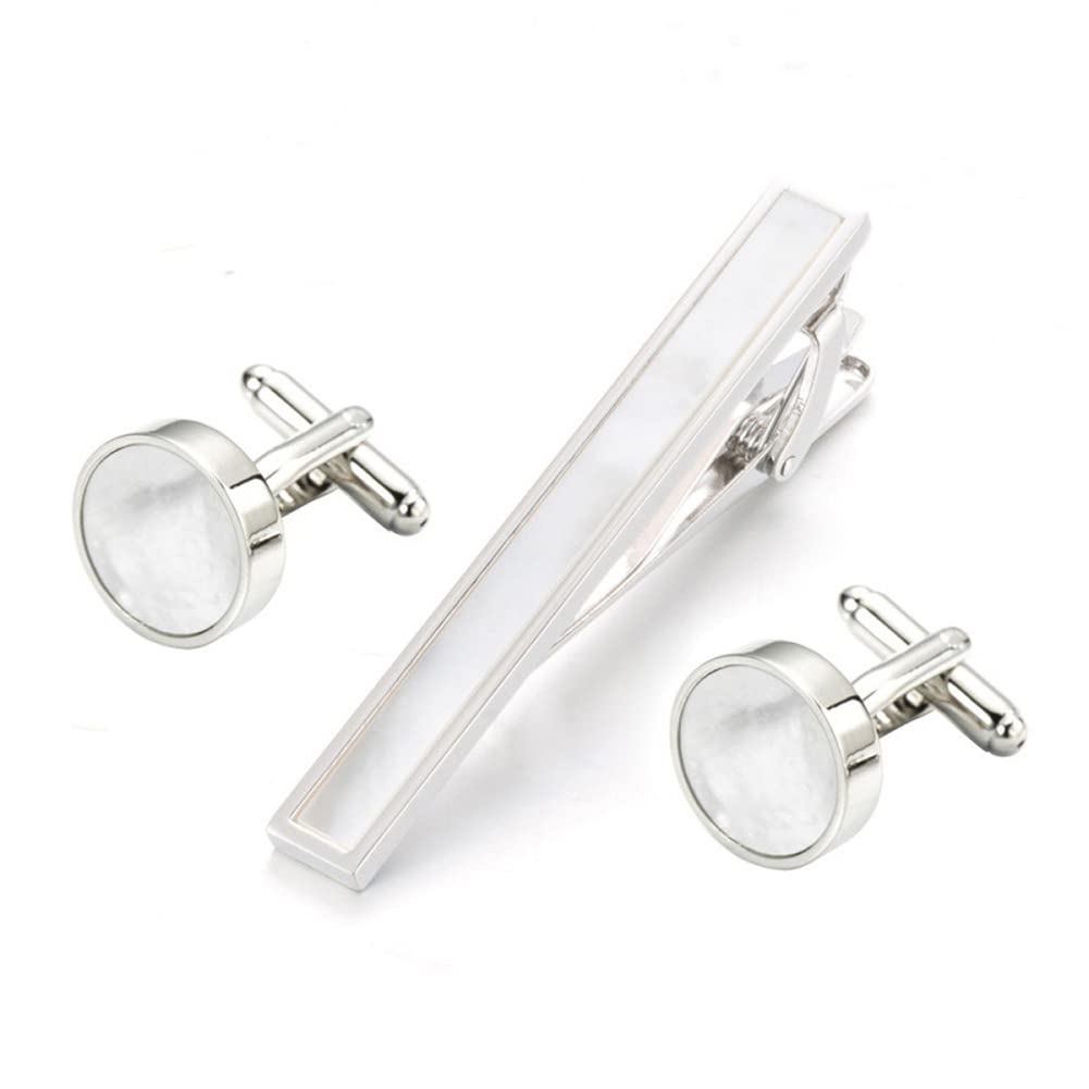 Rockyu Necktie Tie Pin Cuff Set Wedding Men's Stylish White Mother-of-Pearl Cuff