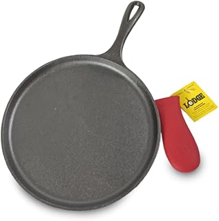 Lodge Pre-Seasoned Cast Iron Griddle with Red Handle Holder, 10.5 Inches | Includes Red Silicone Handle Holder, Heavy Duty Flat Cooking Pan for Breakfast Favorites & Everyday Cooking