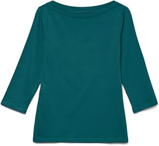 VERO MODA Women's Stretch 3/4 Sleeve Boat Neck Top Slim Fit Long Sleeve