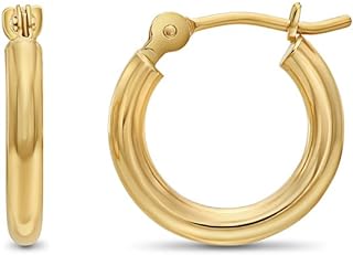 14k Yellow Gold Classic Shiny Polished Round Hoop Earrings, 2mm tube, Yellow Gold, No Gemstone