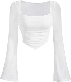 Verdusa Women's Contrast Mesh Ruched Square Neck Bell Sleeve Crop Tee Top T Shirt