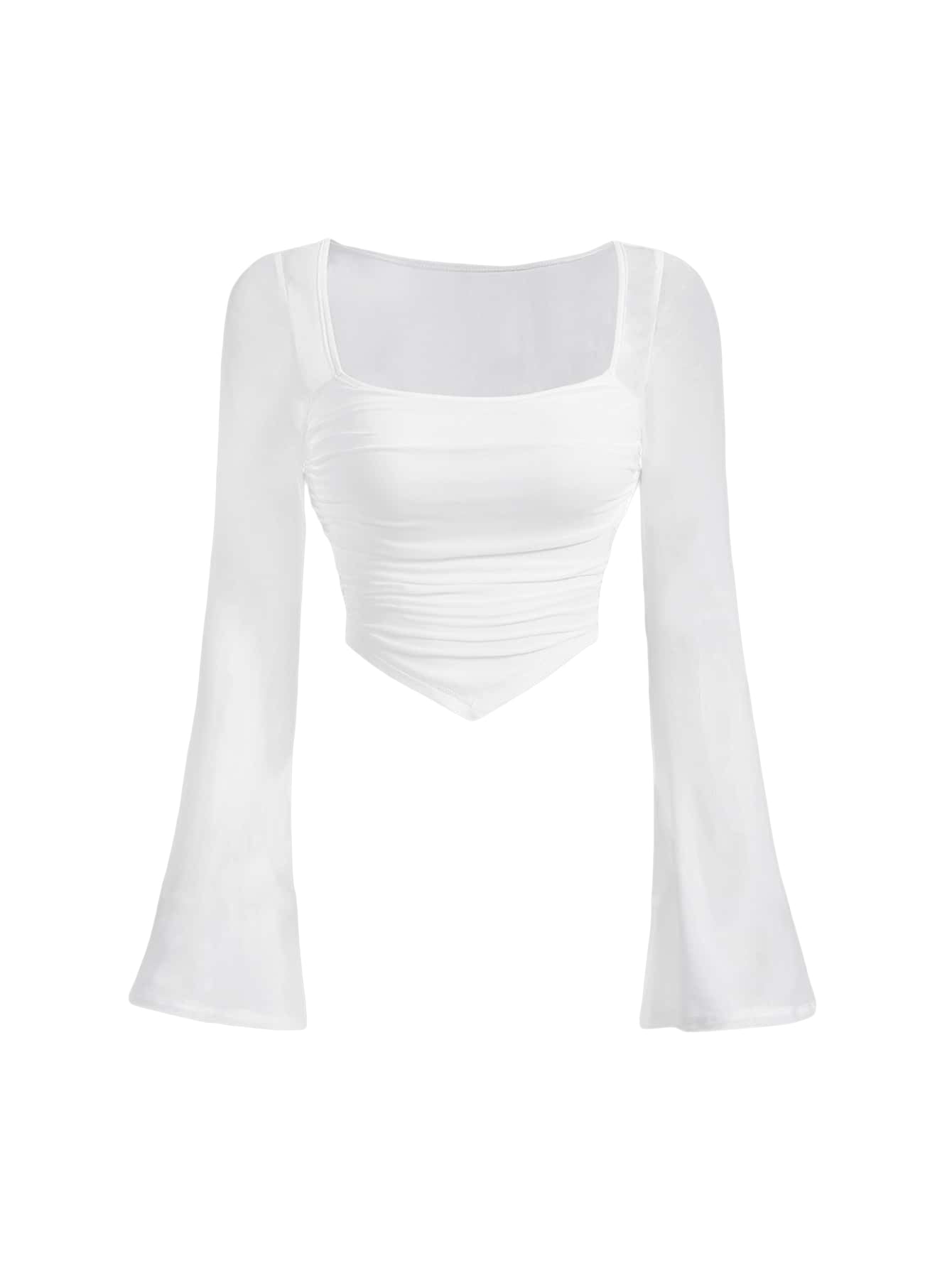 Verdusa Women's Contrast Mesh Ruched Square Neck Bell Sleeve Crop Tee Top T Shir