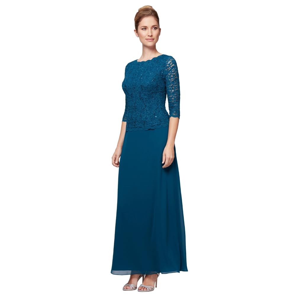 Alex Evenings Women's 3/4 Sleeve Stretch Lace Bodice Mock One Piece Gown