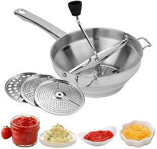 Food Mill Stainless Steel Fruit Vegetables Grinder with 3 Grinding Milling Discs, Milling Handle & Stainless Steel Bowl | Rotary Food Mill | Baby Food Grinder for Mashed Potatoes, Sauce, Puree, Jams