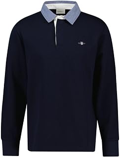 GANT Men's Long Sleeve Polo Chambray Regular Heavy Rugger, Evening Blue