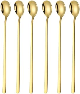 Voarge 6-Piece Spoon Set, 23.5 cm Long Handle, Ice Cream Spoon, Long Mixing Spoon, Stainless Steel, Ideal for Iced Coffee, Iced Tea, Milkshake, Ice Cream Sundae, Cool Drinking (Gold)
