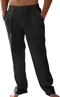 Pantalones de lino casuales para hombre, ajuste holgado, cintura elástica con cordón, pierna recta, pantalones largos para verano, yoga, playa