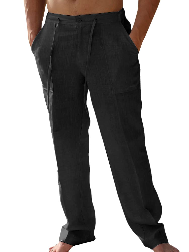 Pantalones de lino casuales para hombre, ajuste holgado, cintura elástica con co