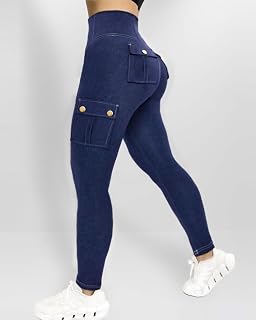 High Waisted Denim Look Jogger Pants with Flap Pockets Metal Button Slim Fit Stretch Casual Workout Running Pants for Women