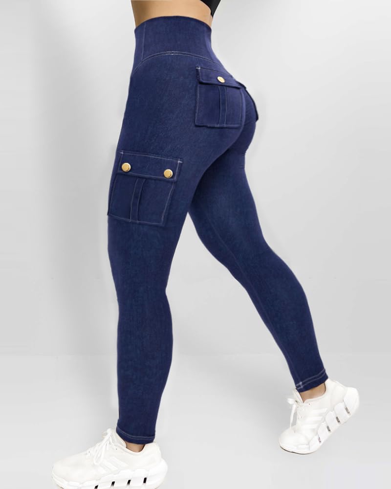 High Waisted Denim Look Jogger Pants with Flap Pockets Metal Button Slim Fit Str