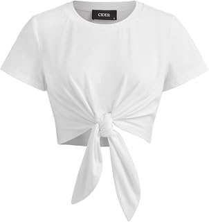 CIDER Round Neck Knotted Crop Top Y2K for Women Knot Front Casual Short Sleeve