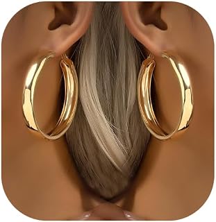Chunky Gold Silver Hoop Earrings for Women Wide Flat Huggie Hoops Dangle Earrings Big Large Punk Smooth Surface Statement Earrings Fashion Jewelry