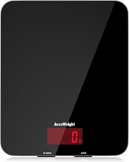 ACCUWEIGHT 201 Digital Kitchen Scales with Tempered Glass Platform (Batteries included), Electronic Weighing Food Scale with Backlit LCD, Multifunction for Office School Home Baking Cooking, 5kg/11lb