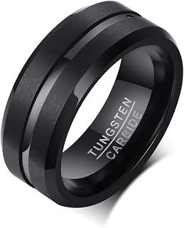 Rockyu Men's Ring, Tungsten, Metal Allergy-Friendly, Black, Gold, Blue, Silver, 8mm Width, Tungsten Steel, Hairline Finish, Metallic Feel, Flat Band