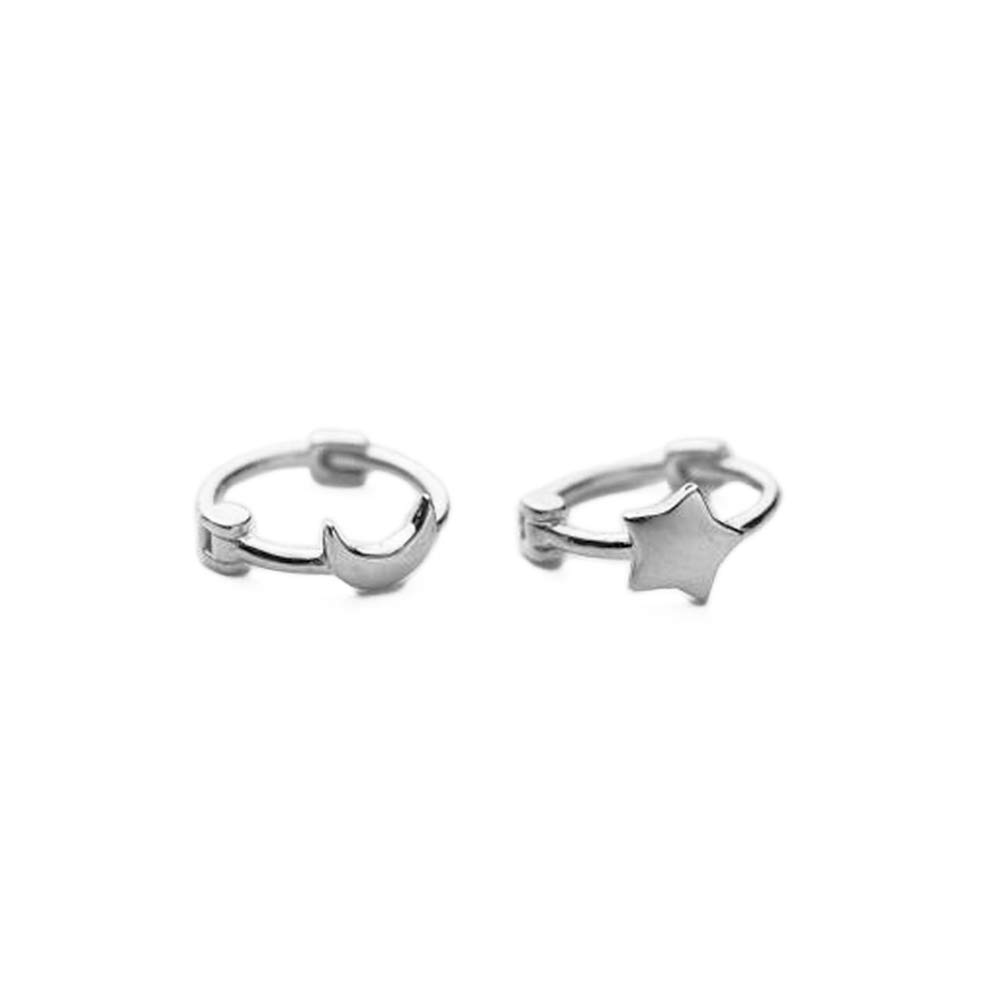 Asymmetrical Star Moon Small Hoop Earrings for Women Girls 925 Sterling Silver C
