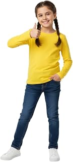 LUXFAB Kids Girls Boys New Plain Long Sleeve Basic Stretch Round Neck T-Shirt School Tee Top Size 2-13 Years