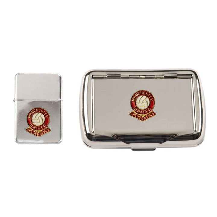 Football Polished Chrome Tobacco Tin and Stormproof Petrol Lighter Manchester Re
