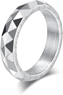 Rockyu Men's Ring, Stainless Steel, Vintage Ring, Silver, Unique Diamond Cut, Geometric Pattern, Scandinavian Letters, Carved Design, Minimalist Style, Simple Coordination, Christmas, Valentine's Day