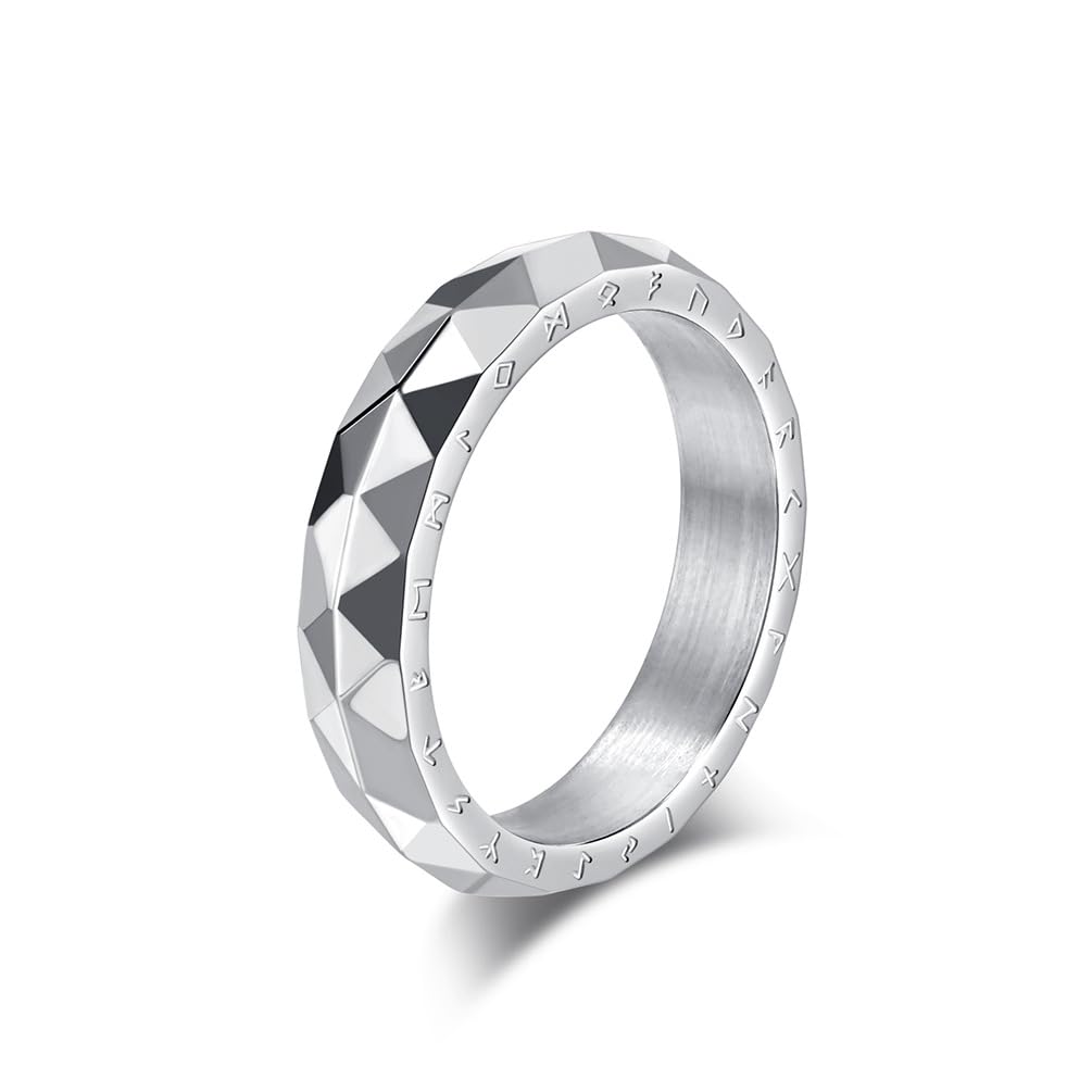 Rockyu Men's Ring, Stainless Steel, Vintage Ring, Silver, Unique Diamond Cut, Ge