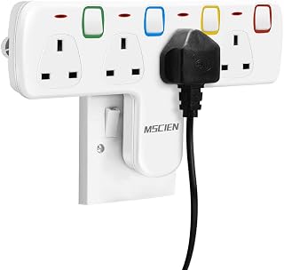 Mscien Plug Extension Socket, Multi Plug Adaptor 4 Way with Individual Switches, Adapter plug UK Turn 1 into 4, Wall Socket Plug Extender without Cable
