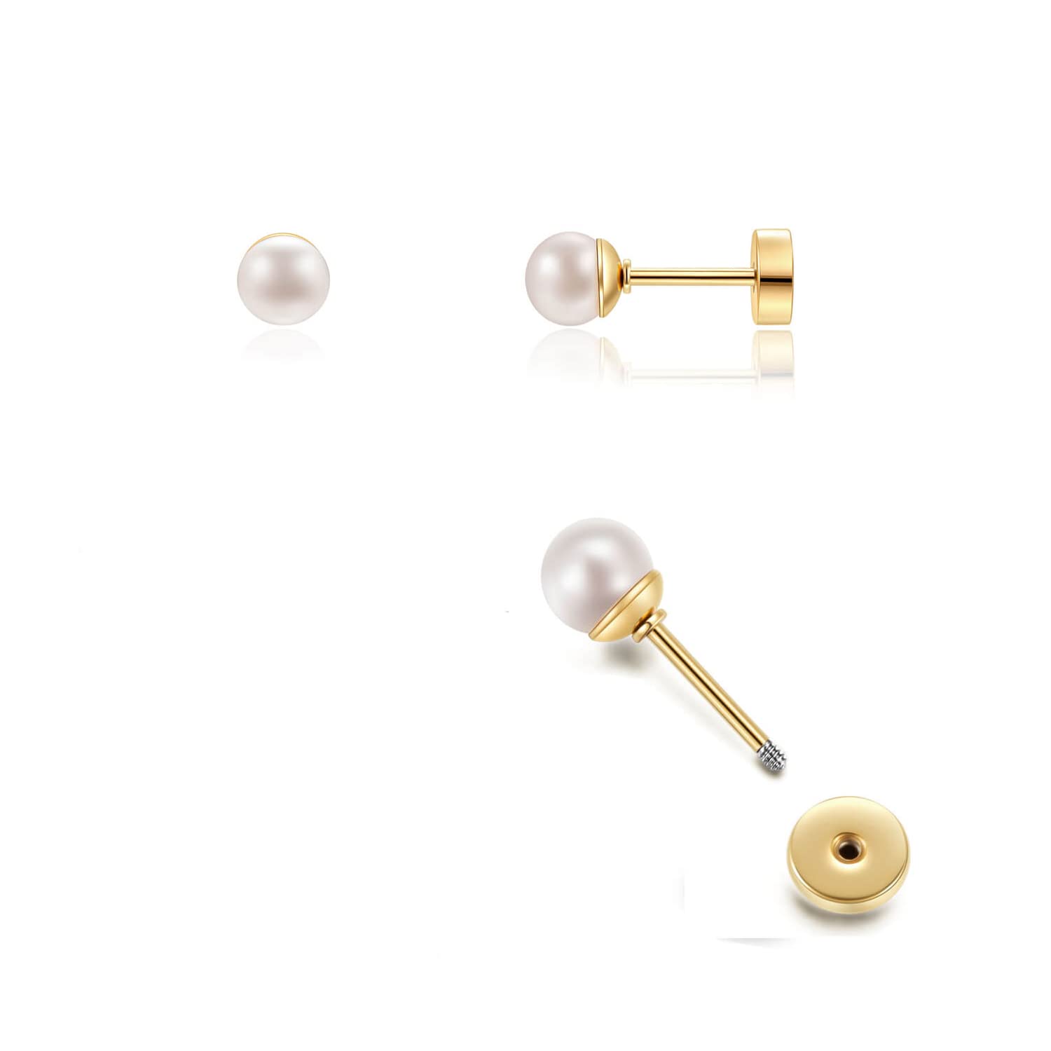 Renkovte Pearl Stud Earrings Screw Back,Flat Back Pearl Cartilage Helix Earrings