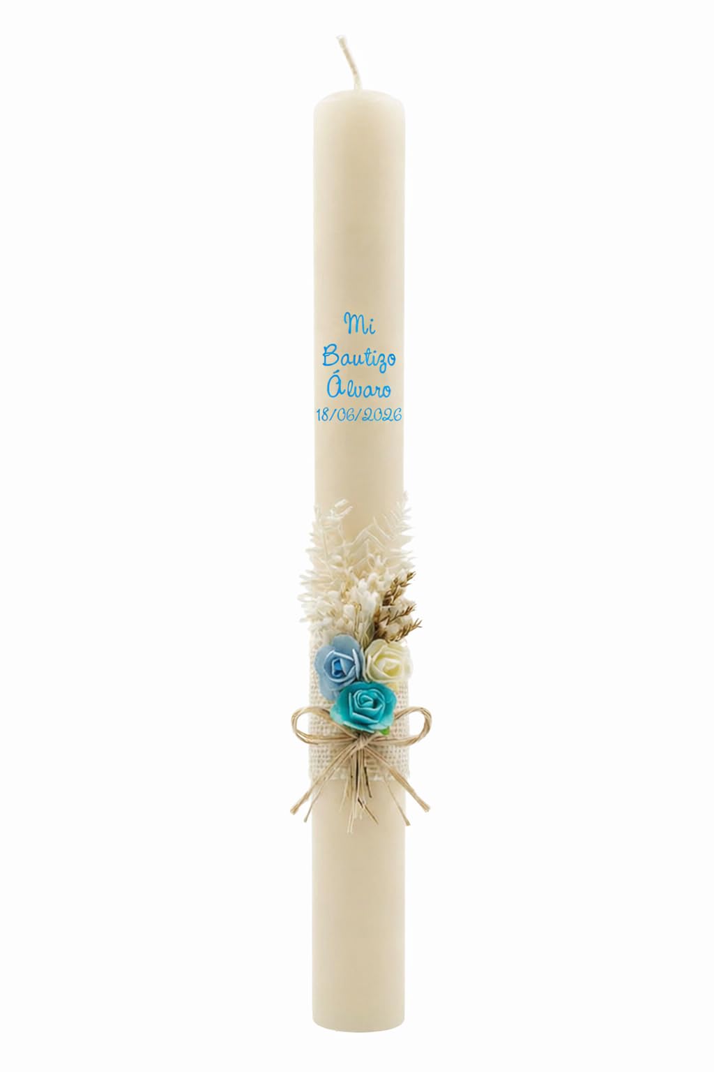 Beige Wax Christening Candle, Pick Floral Rustic Blue | Decorated with Rustic Fl