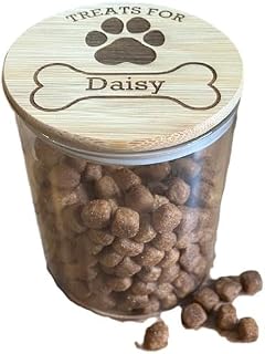Personalised Dog treats jar. Engraved. pet treats storage jar, custom made. Airtight bamboo lid. 9.5cm x 12.5cm