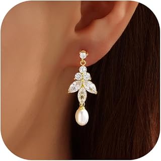 Pearl Earrings for Women, 14k Gold Plated Trendy Diamond Pearl Drop Earrings Bridal Shower Gifts Wedding jewelry for Women