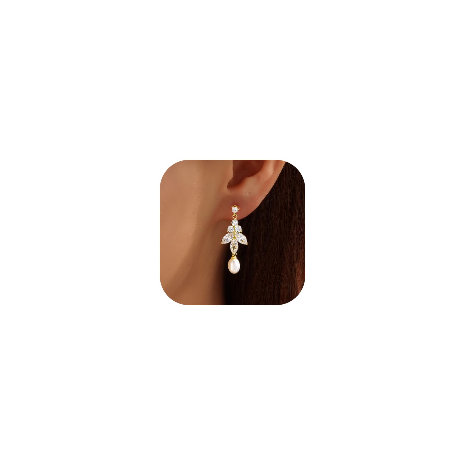 Pearl Earrings for Women, 14k Gold Plated Trendy Diamond Pearl Drop Earrings Bri